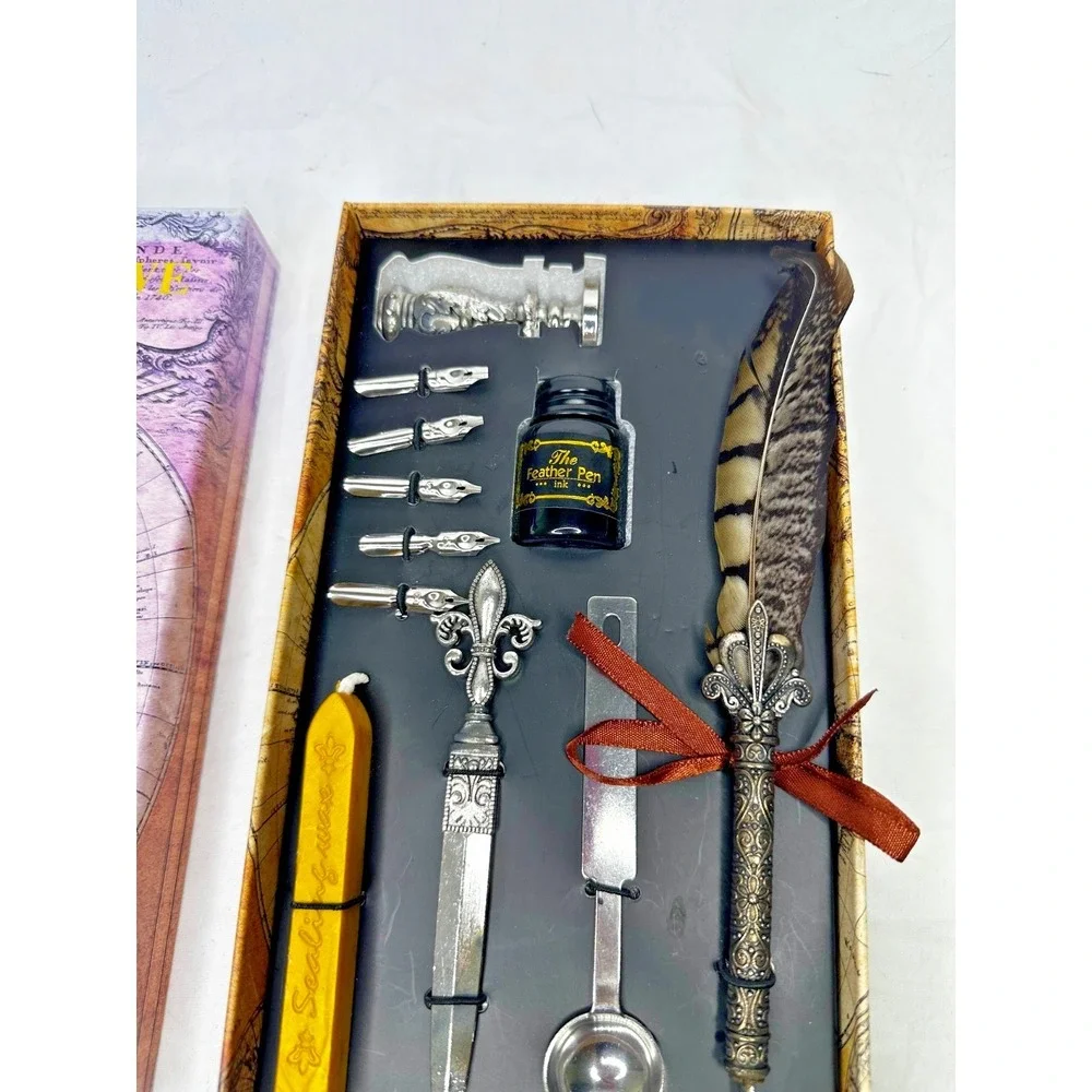 Calligraphy Set Feather Quill Dip Pen Ink 17 Nibs Wax Stamp Letter Opener